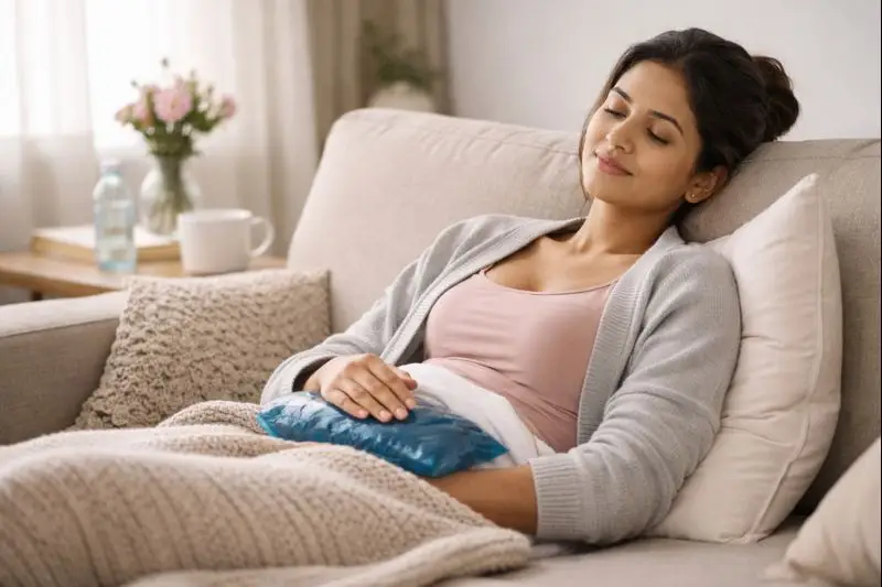 Woman resting at home during labiaplasty recovery with ice pack