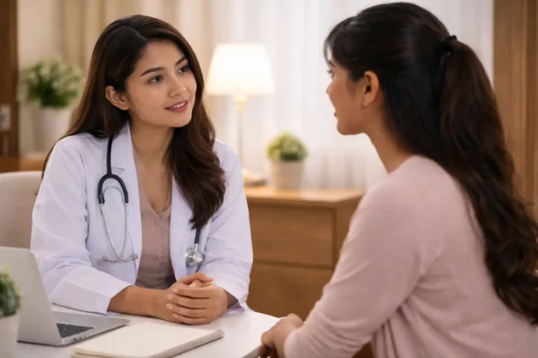 Confidential hymenoplasty consultation between doctor and patient in private clinic setting