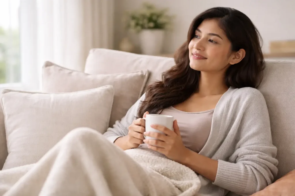 Labiaplasty recovery timeline illustrated by woman resting comfortably at home during healing