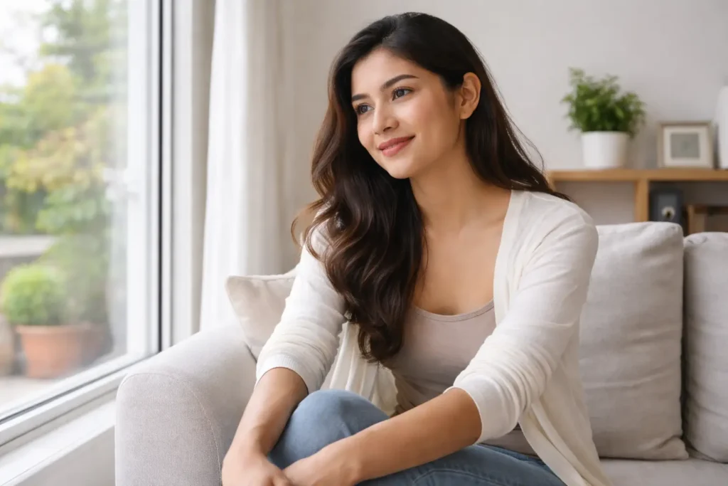 Mental side of labiaplasty represented by confident woman feeling comfortable and at ease