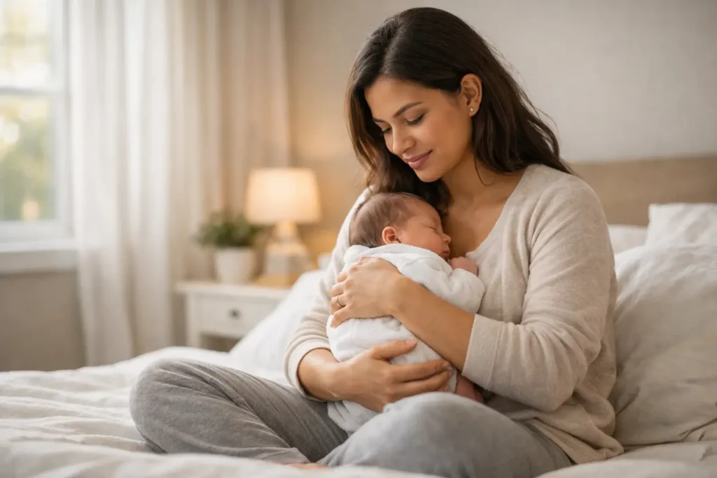 Mother recovering after childbirth representing labia changes after pregnancy