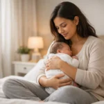 Mother recovering after childbirth representing labia changes after pregnancy