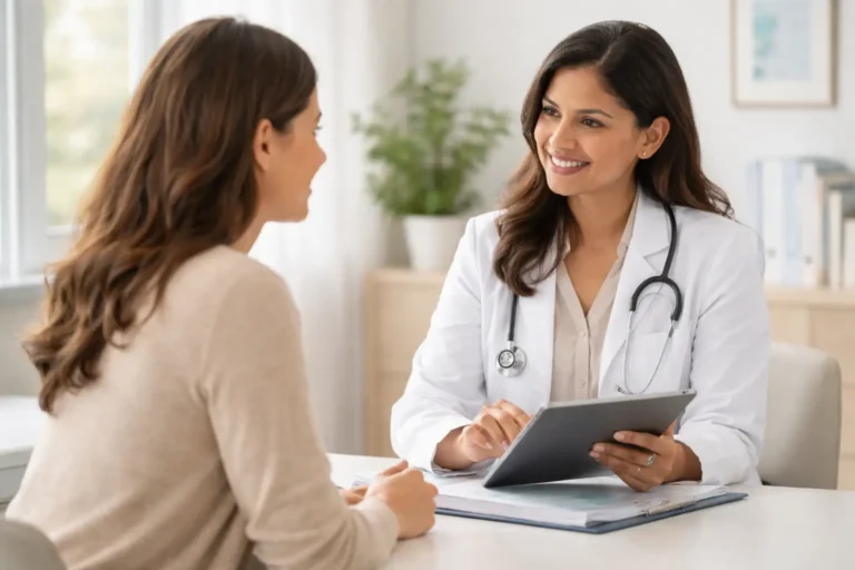 Female doctor consulting with a woman patient about labiaplasty myths and facts in a clinic office.
