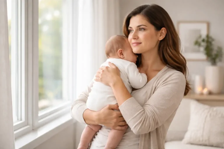 New mother holding her baby representing postpartum stress incontinence and recovery after childbirth.