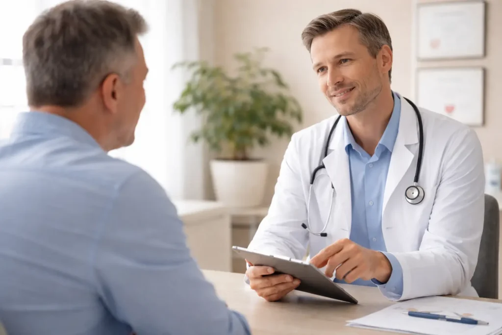 female gynecologist consulting with patient about vaginoplasty surgery and intimate health treatment in clinic