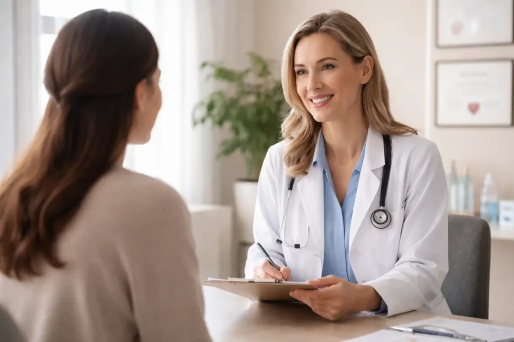 Doctor consulting with a female patient about functional vaginal repair and pelvic floor health treatment
