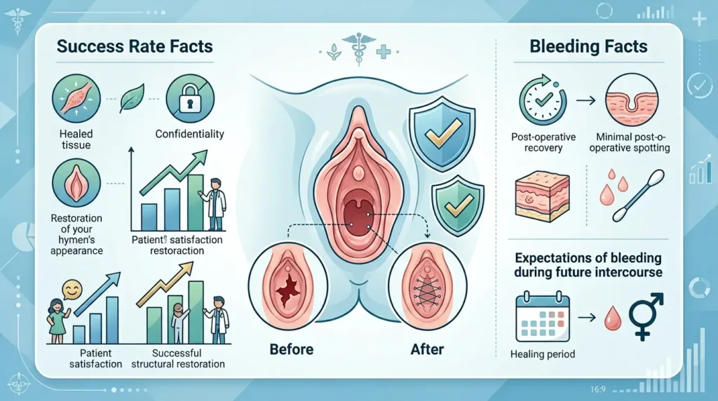 female doctor consulting with a woman about hymenoplasty surgery, success rate, and recovery in a private clinic
