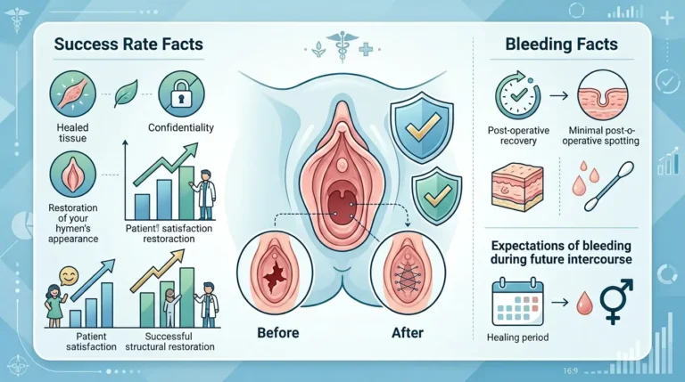 female doctor consulting with a woman about hymenoplasty surgery, success rate, and recovery in a private clinic