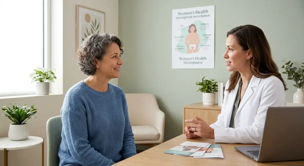 female doctor discussing menopause intimate health and treatment options with a middle aged woman in a clinic