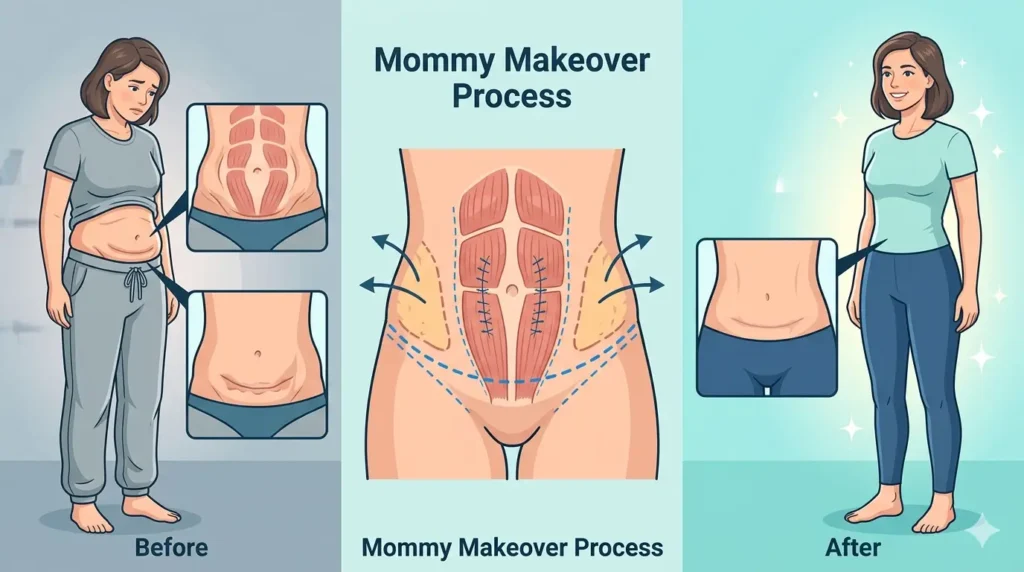 plastic surgeon explaining mommy makeover scar revision and tummy tuck results to a female patient during consultation