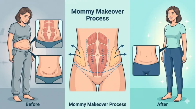 plastic surgeon explaining mommy makeover scar revision and tummy tuck results to a female patient during consultation