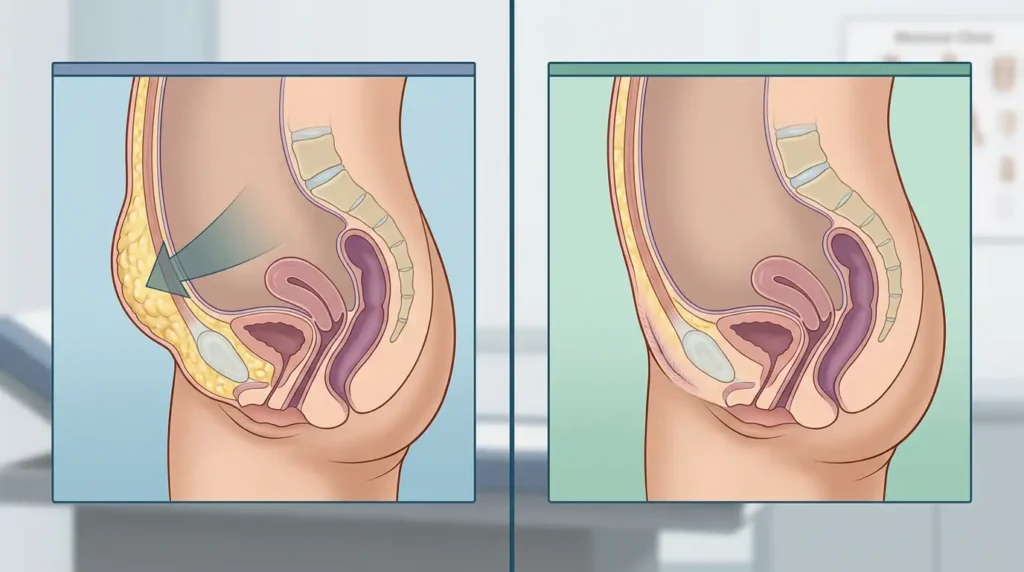 female doctor explaining monsplasty surgery and mons pubis fat reduction options to a woman during consultation