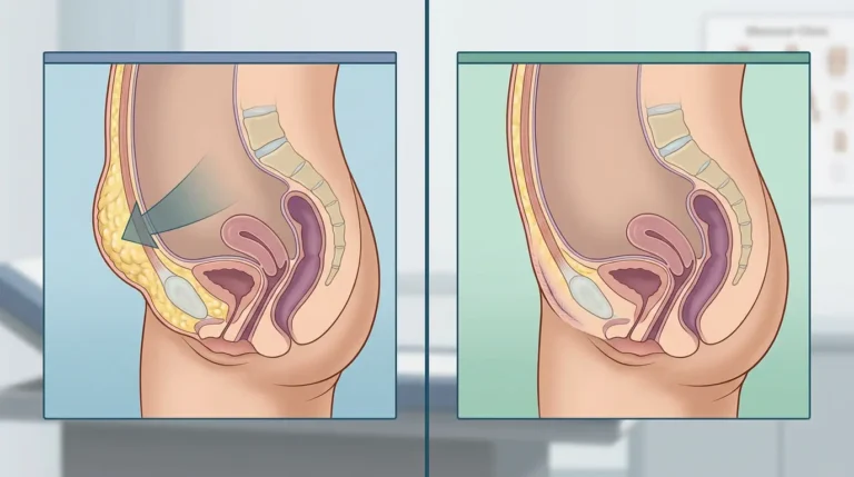 female doctor explaining monsplasty surgery and mons pubis fat reduction options to a woman during consultation
