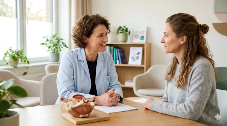 A compassionate female doctor discussing non-surgical vaginal tightening options and pelvic health with a patient in a bright clinic.