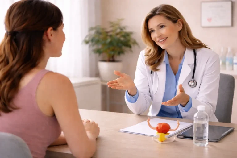 doctor explaining overactive bladder symptoms and bladder control techniques to a woman during a consultation