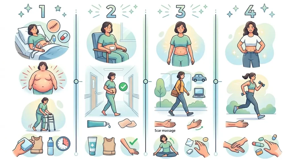 plastic surgeon explaining tummy tuck recovery timeline and post surgery care to a female patient in clinic