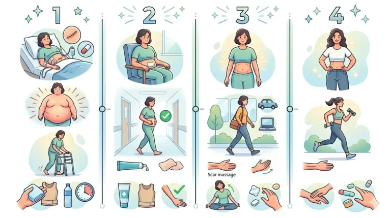 plastic surgeon explaining tummy tuck recovery timeline and post surgery care to a female patient in clinic