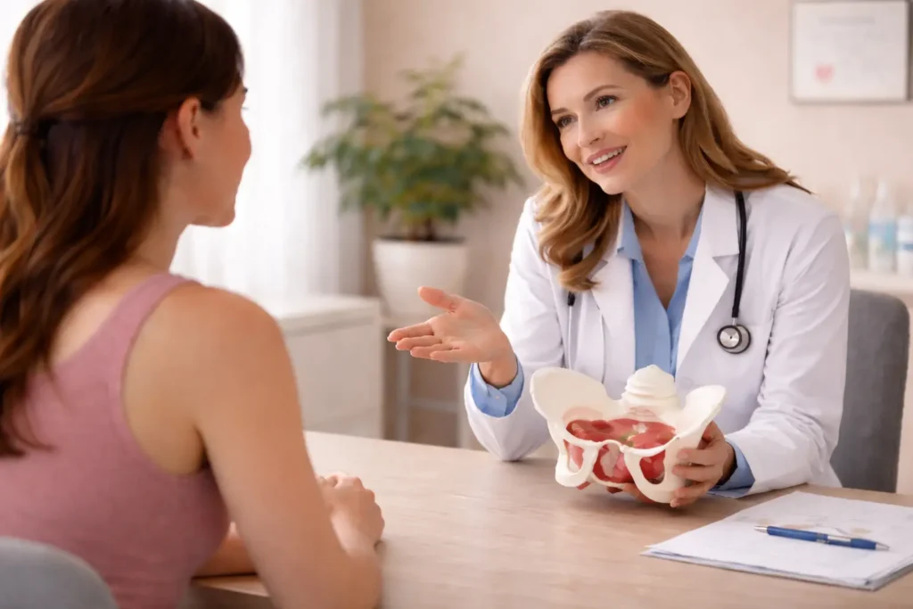 gynecologist explaining vaginal laxity myths and pelvic floor health to female patient during consultation