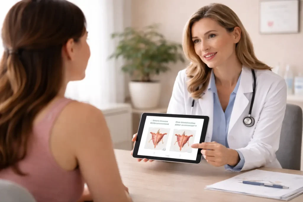 gynecologist discussing vaginal rejuvenation treatments and options with female patient during clinic consultation