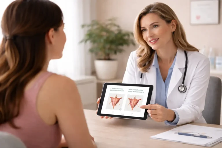 gynecologist discussing vaginal rejuvenation treatments and options with female patient during clinic consultation