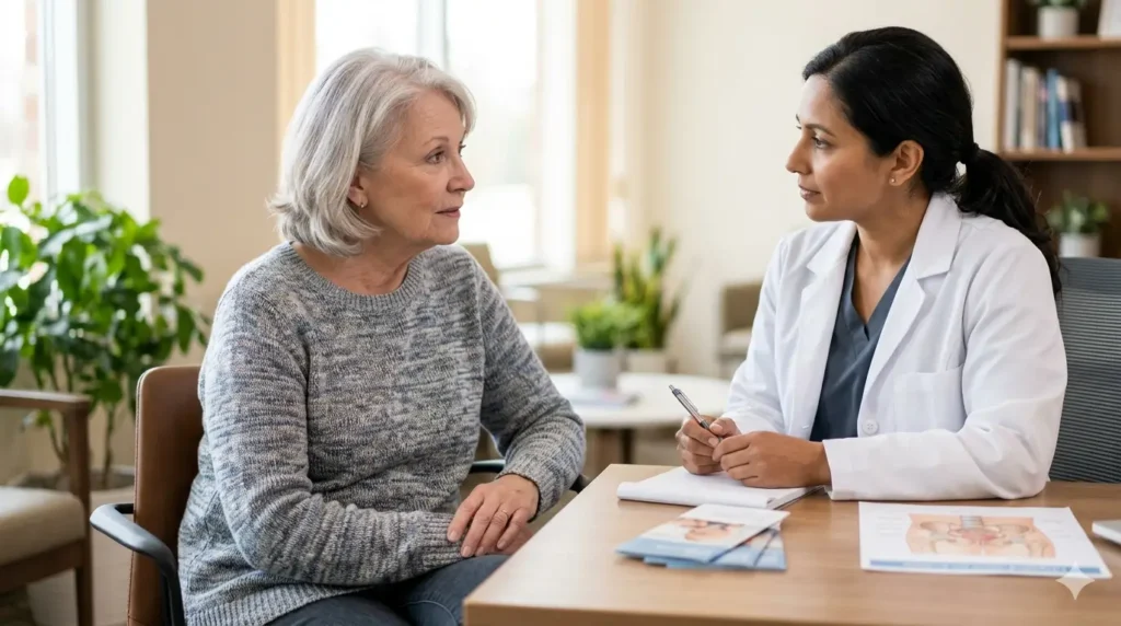 Middle-aged woman practicing pelvic floor wellness habits to manage bladder leakage with age