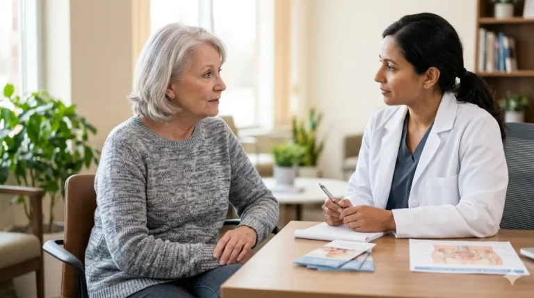 Middle-aged woman practicing pelvic floor wellness habits to manage bladder leakage with age