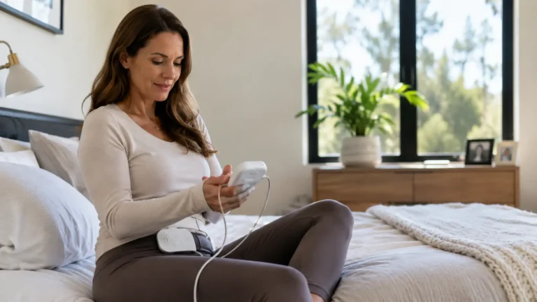 Woman using modern pelvic health technology at home for bladder leak relief and pelvic floor strengthening