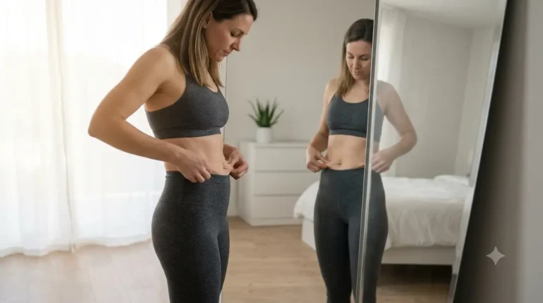 A close-up of a woman gently holding the loose skin around her abdomen after significant weight loss, demonstrating the pull test.