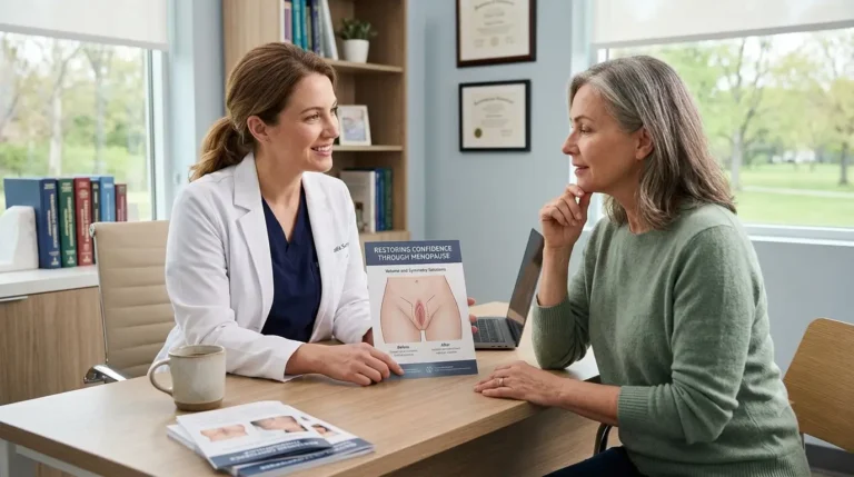 A compassionate female healthcare provider consulting with a mature woman in a bright clinic office, discussing non-surgical menopause lift treatments.