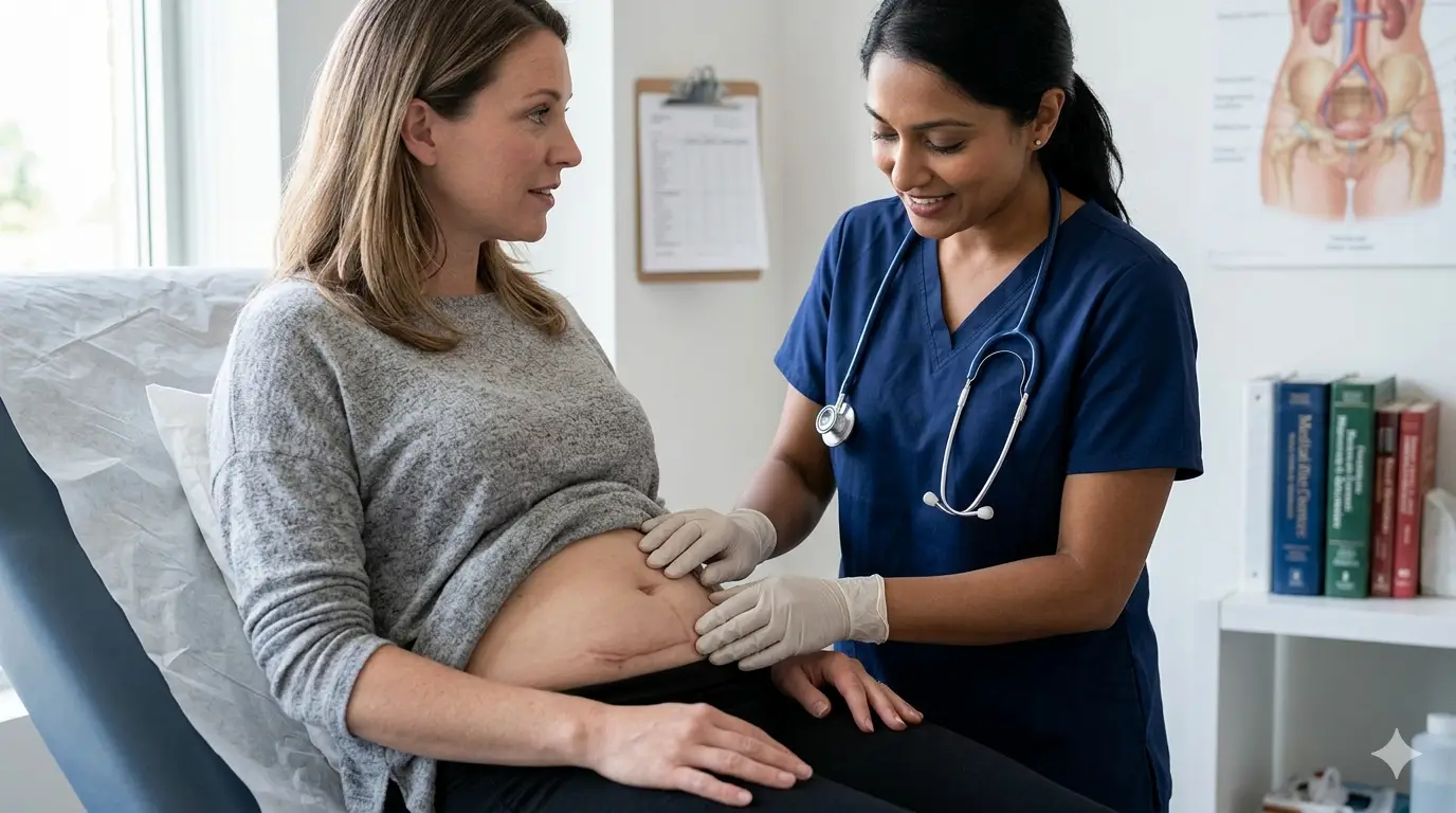 Woman experiencing relief after C-section scar revision treatment for numbness and pulling