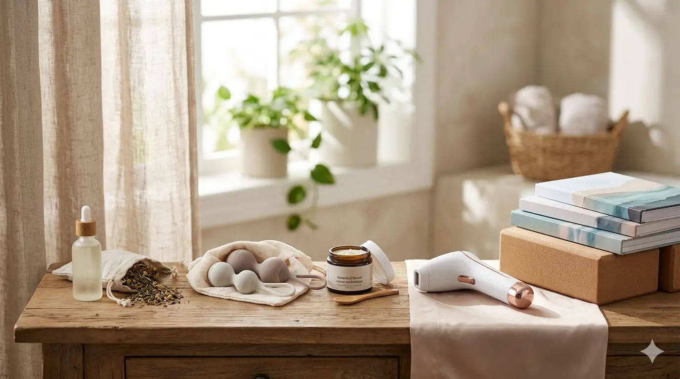 Confident menopausal woman exploring modern intimate wellness treatments for pelvic health and comfort