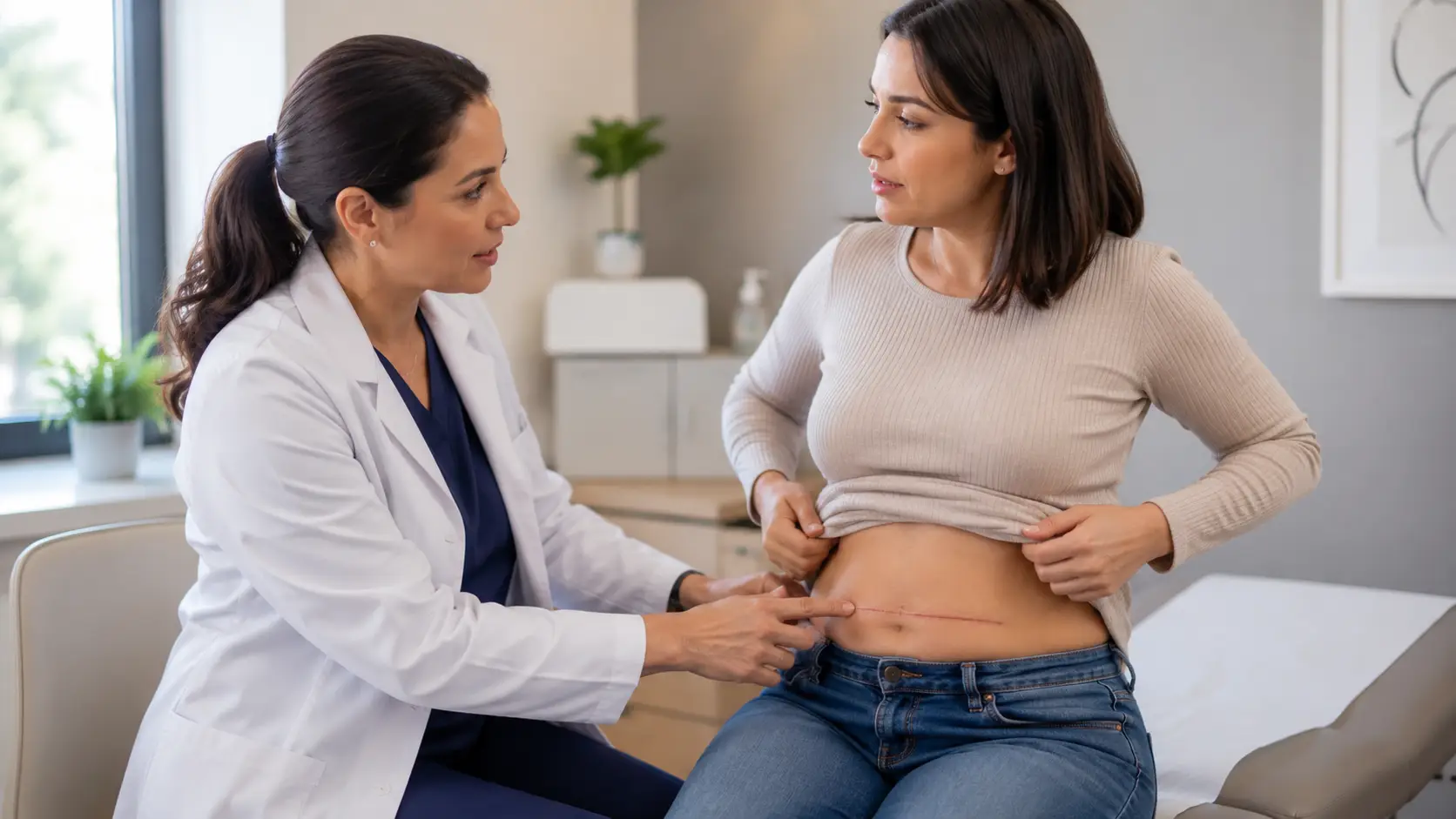 A compassionate female doctor consulting with a mother in a bright clinic office to discuss c-section scar revision and relieving physical discomfort.