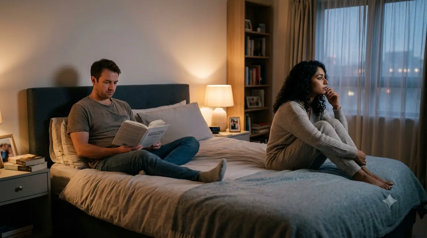 Couple consulting a gynaecologist about unconsummated marriage treatment in a private and supportive clinic setting.
