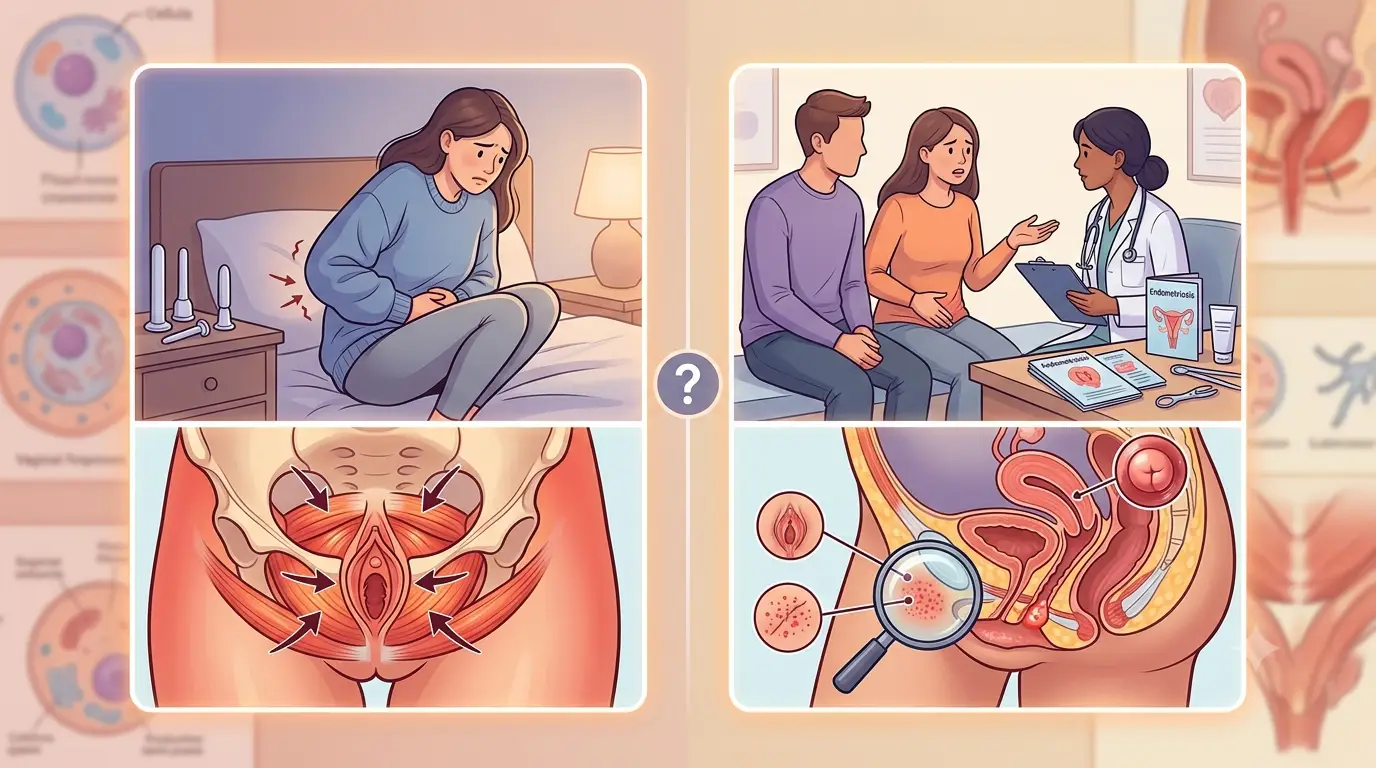 Woman discussing vaginismus symptoms and painful intercourse with a gynaecologist during a private consultation.